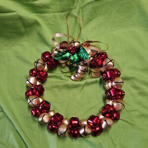 Vintage Christmas Red Green Metal Jingle Bell Wreath Wall Door 12” Holiday Decor